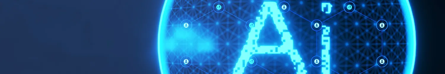 Neon blue AI surrounded by neon blue circle with a black background.